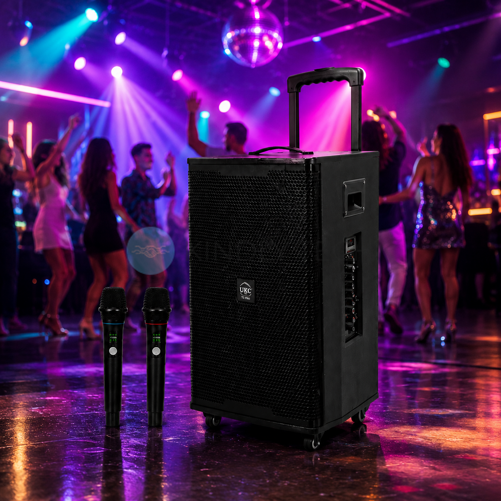 Портативна акустична система UKC T2 Pro 1000 Вт, Bluetooth, USB, SD, FM-радіо, караоке, 2 мікрофони, чорна