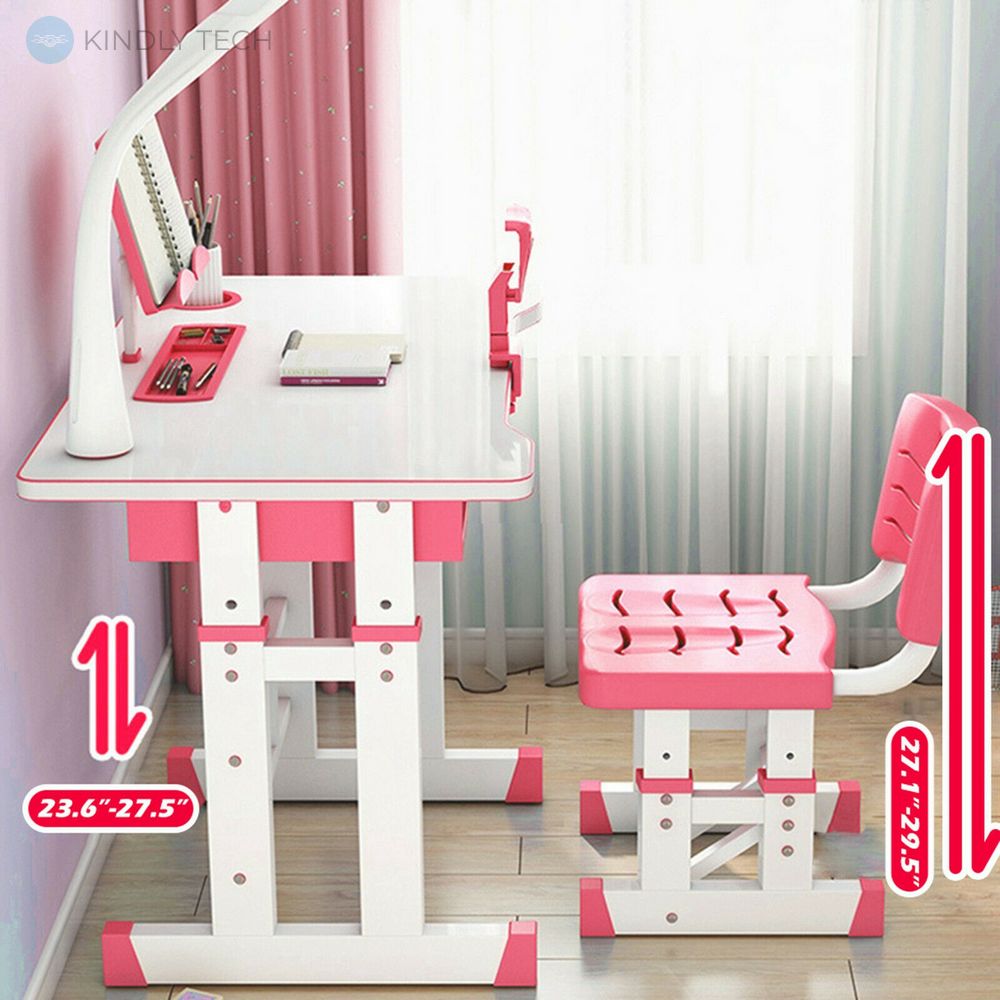 Набір дитячих меблів - комплект парта з лампою + стілець трансформер, 80×49×60 см. pink
