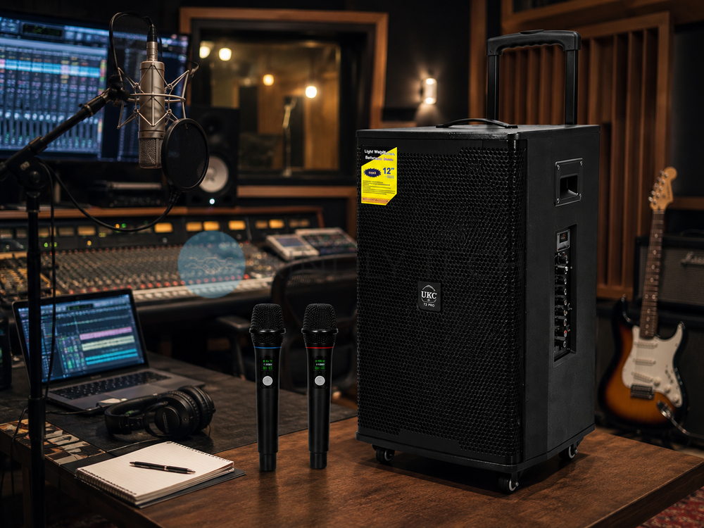 Портативна акустична система UKC T2 Pro 1000 Вт, Bluetooth, USB, SD, FM-радіо, караоке, 2 мікрофони, чорна