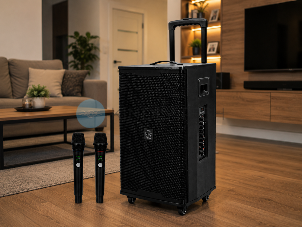 Портативна акустична система UKC T2 Pro 1000 Вт, Bluetooth, USB, SD, FM-радіо, караоке, 2 мікрофони, чорна