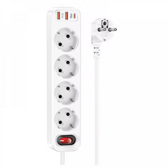 Удлинитель, Сетевой фильтр на 4 розетки + 2 USB, 1.8m | EU — Hoco NS1 Aura — White