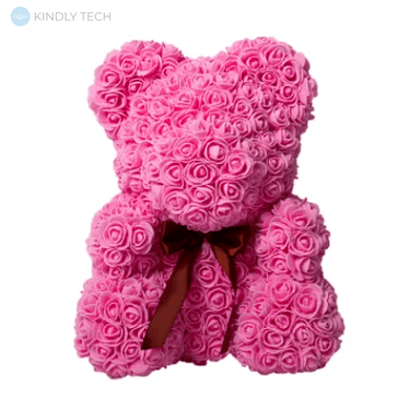 Ведмедик з штучних 3D троянд в подарунковій упаковці 25 см рожевий