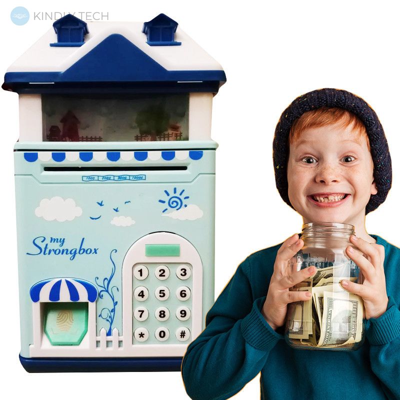 Сейф дитячий скарбничка з кодовим замком відбитком пальця "Чарівний Будиночок" blue