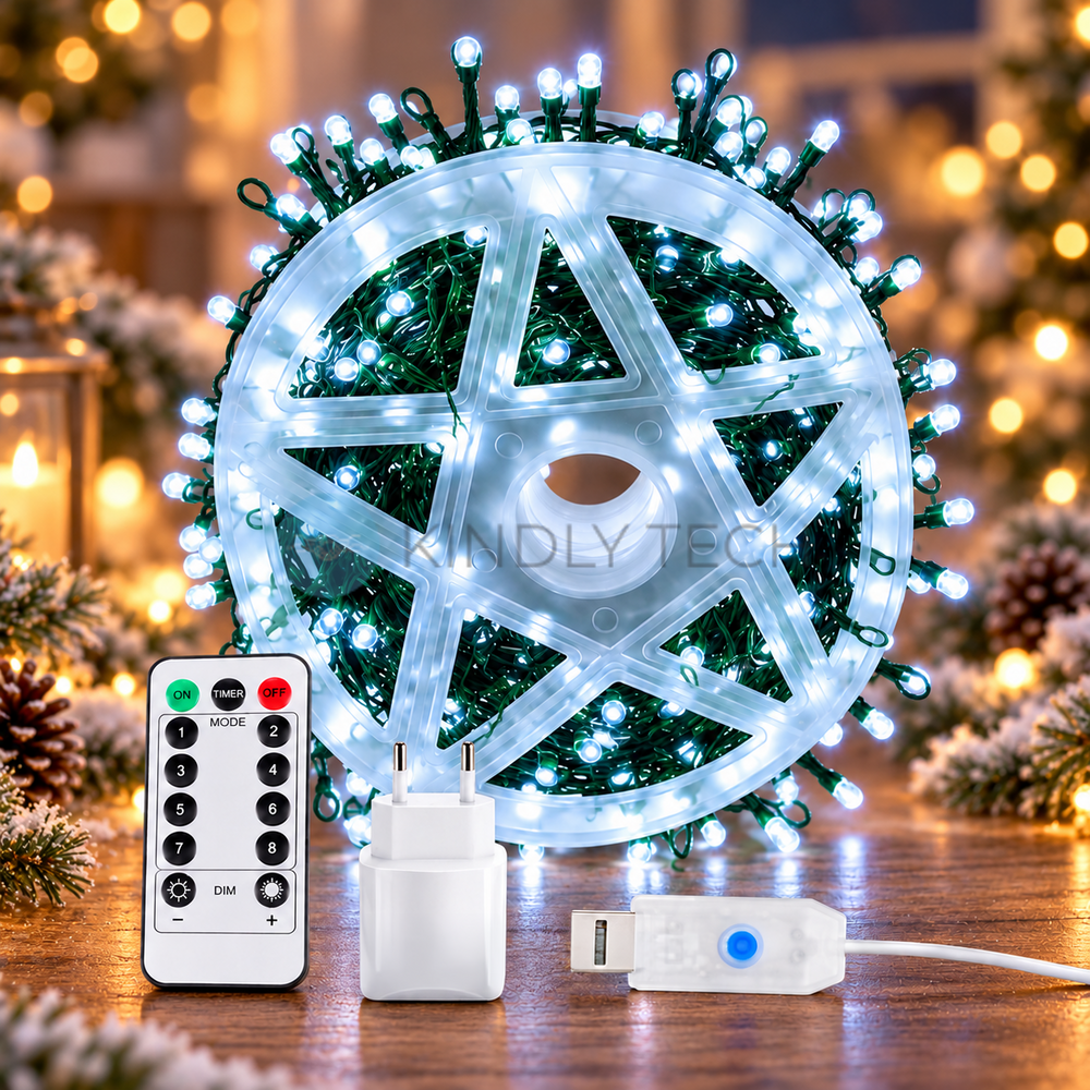 Гірлянда 1500 LED, 50 м, зелений провід, холодне біле світіння, USB, пульт