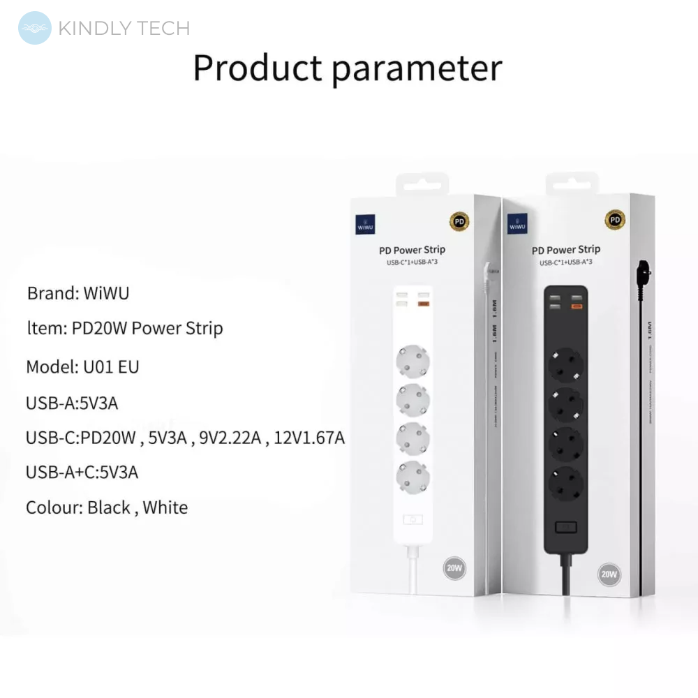 Подовжувач, Мережевий фільтр з 4 розетками та USB 16A | 1.6m - WiWU U01 PD20W EU Plug - Black