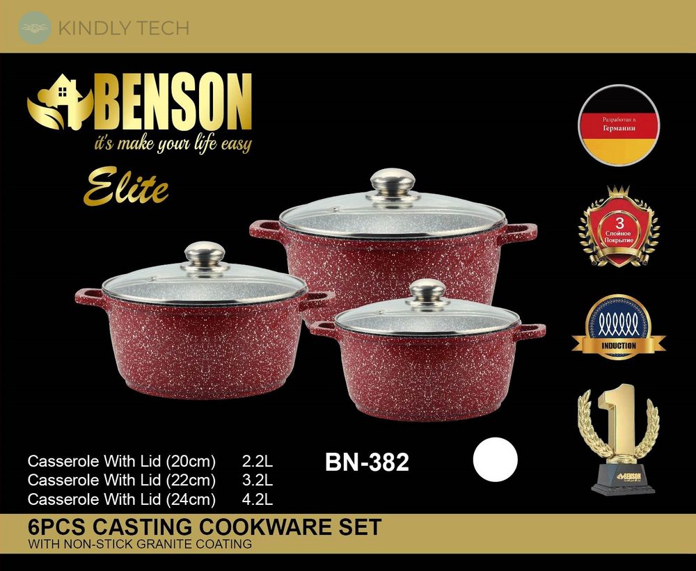 Набір каструль із гранітним антипригарним покриттям Benson BN-382 з 6 предметів