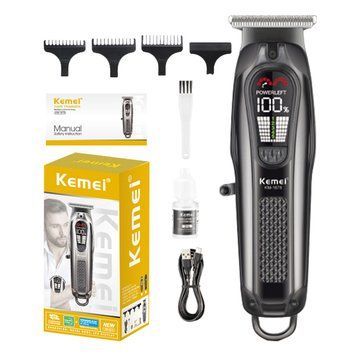 Професійний тример для волосся Kemei KM-1675 акумуляторний зі змінним акумулятором та LED-дисплеєм, Чорна