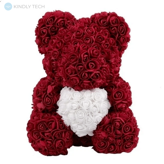 Мишка с сердцем из искусственных 3D роз в подарочной упаковке 40 см бордовый