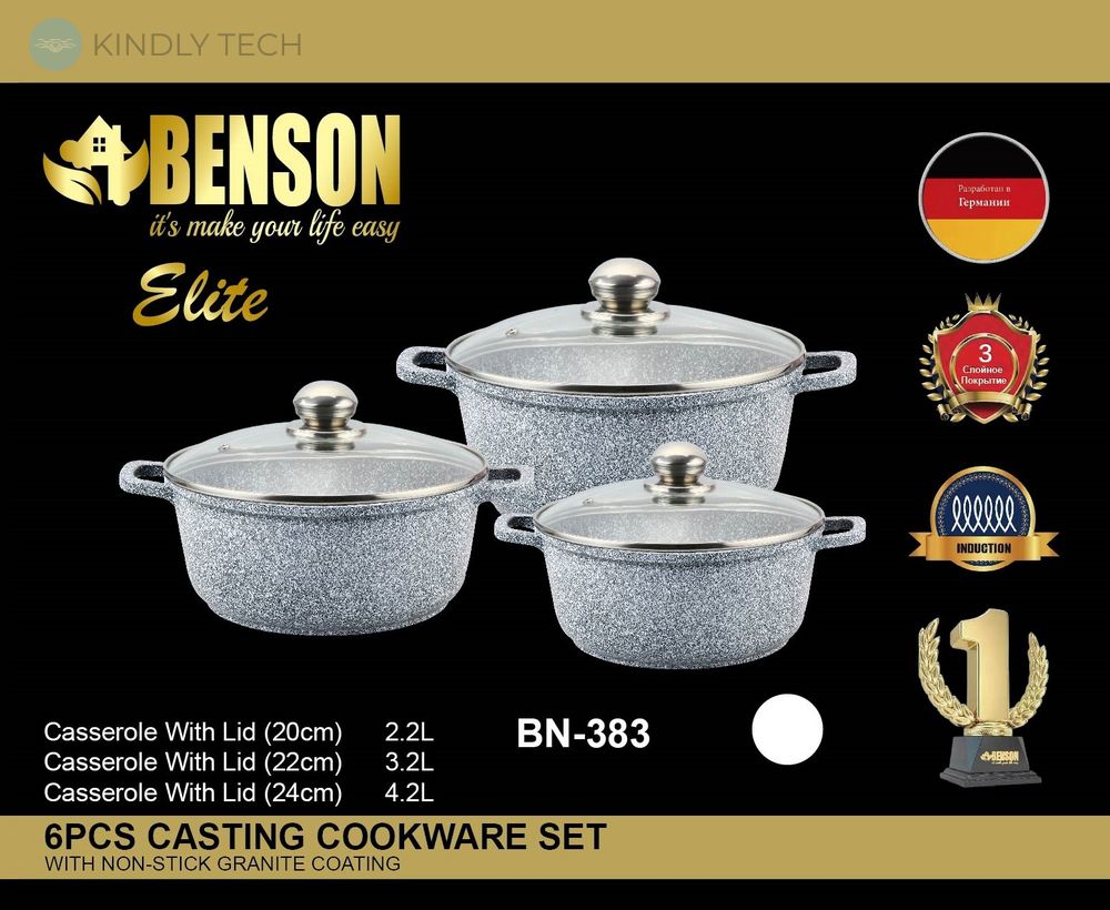 Набор кастрюль с гранитным антипригарным покрытием Benson BN-383 из 6 предметов