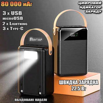 Потужний повербанк 22.5W Power Bank LENYES PX891 80000mAh PD+QC, 3хUSB