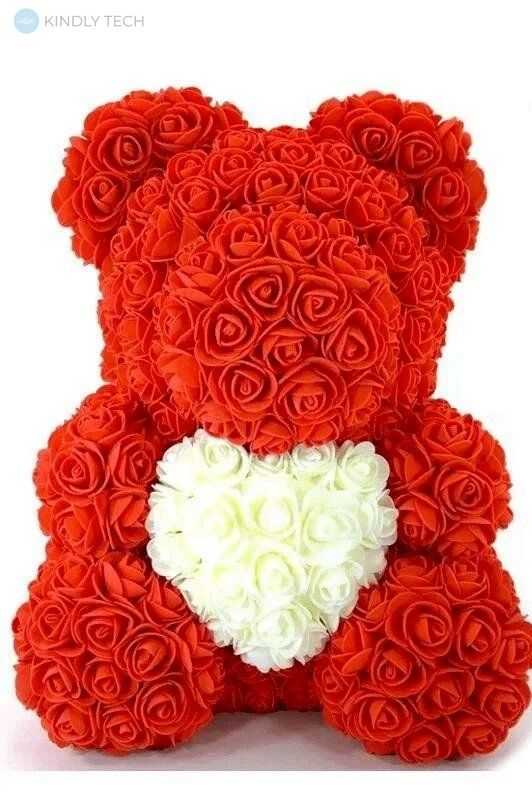 Ведмедик з серцем з штучних 3D троянд в подарунковій упаковці 40 см червоний