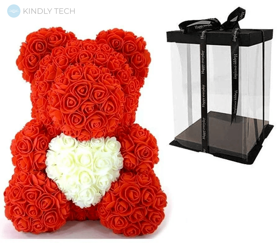 Мишка с сердцем из искусственных 3D роз в подарочной упаковке 40 см красный