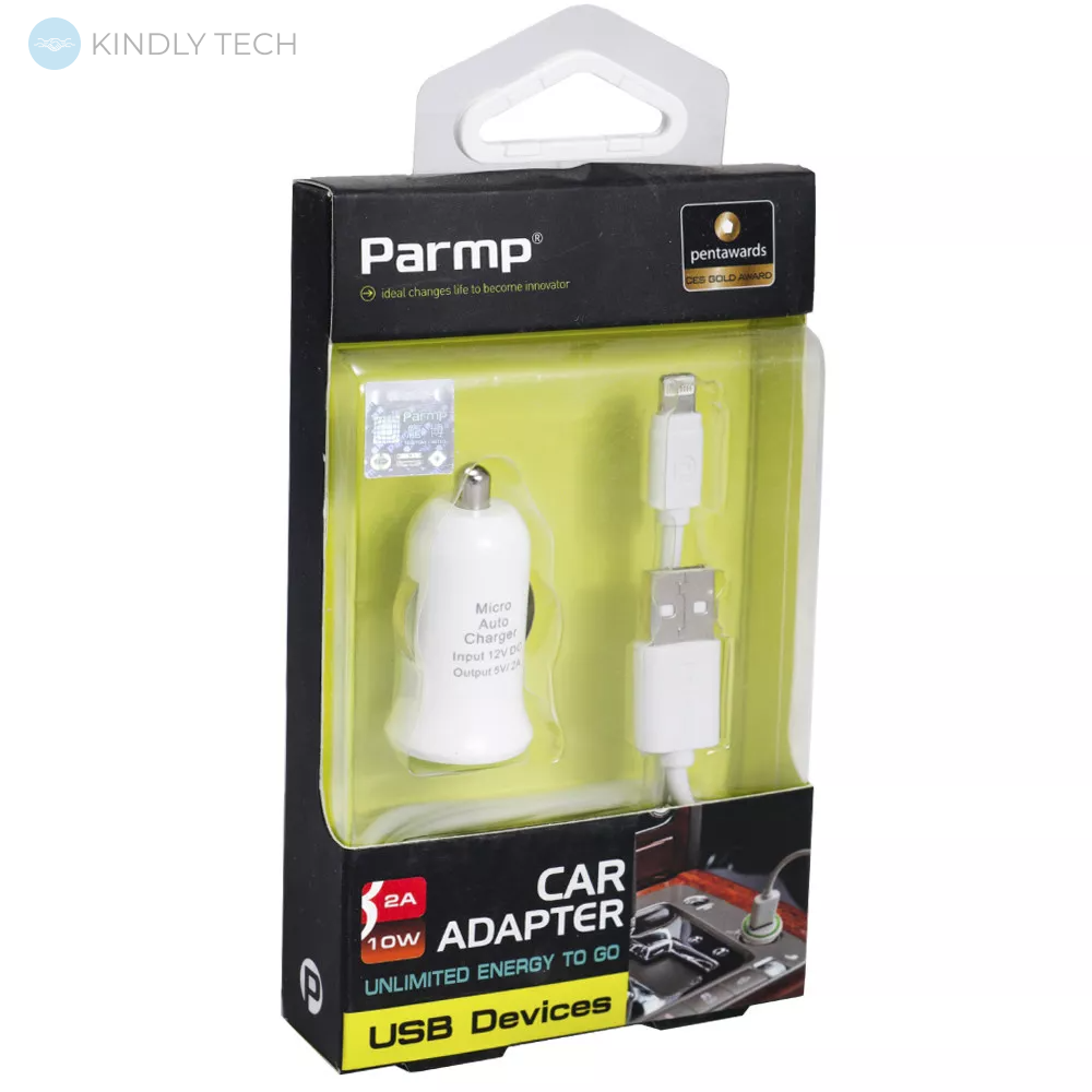 Автомобільний зарядний пристрій Car Charger | 2.1A | 1U | Cord Cable — Parmp (UCP-05M) White