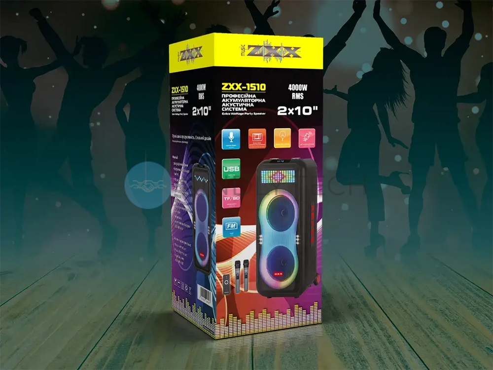 Акустична переносна колонка ZXX-1510 100Вт 2x10" 91х34х33см USB/TF/REC/LED/EQ/FM/BT/2MIC/ДК