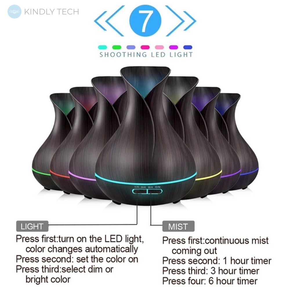 Великий зволожувач повітря-нічник Humidifier з підсвічуванням 7 кольорів (темне дерево)
