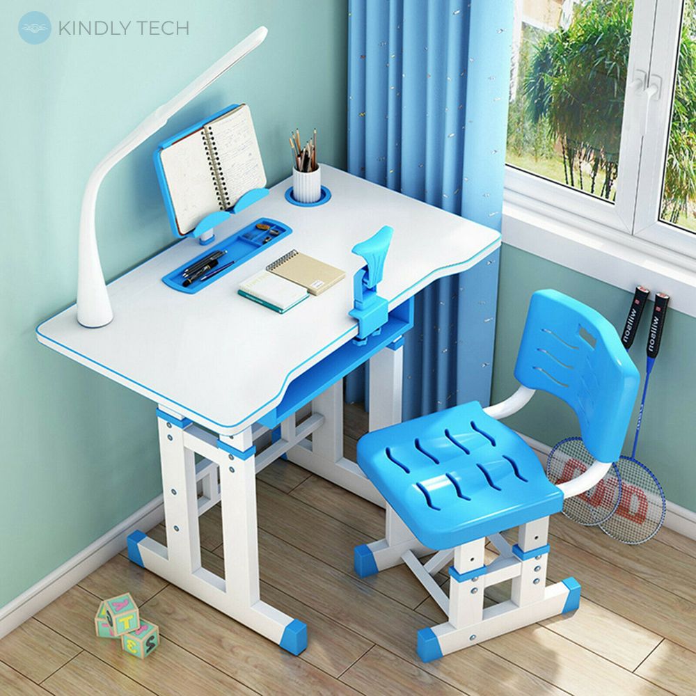 Набір дитячих меблів - комплект парта з лампою + стілець трансформер, 80×49×60 см. blue