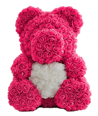 Мишка с сердцем из искусственных 3D роз в подарочной упаковке 40 см розовый