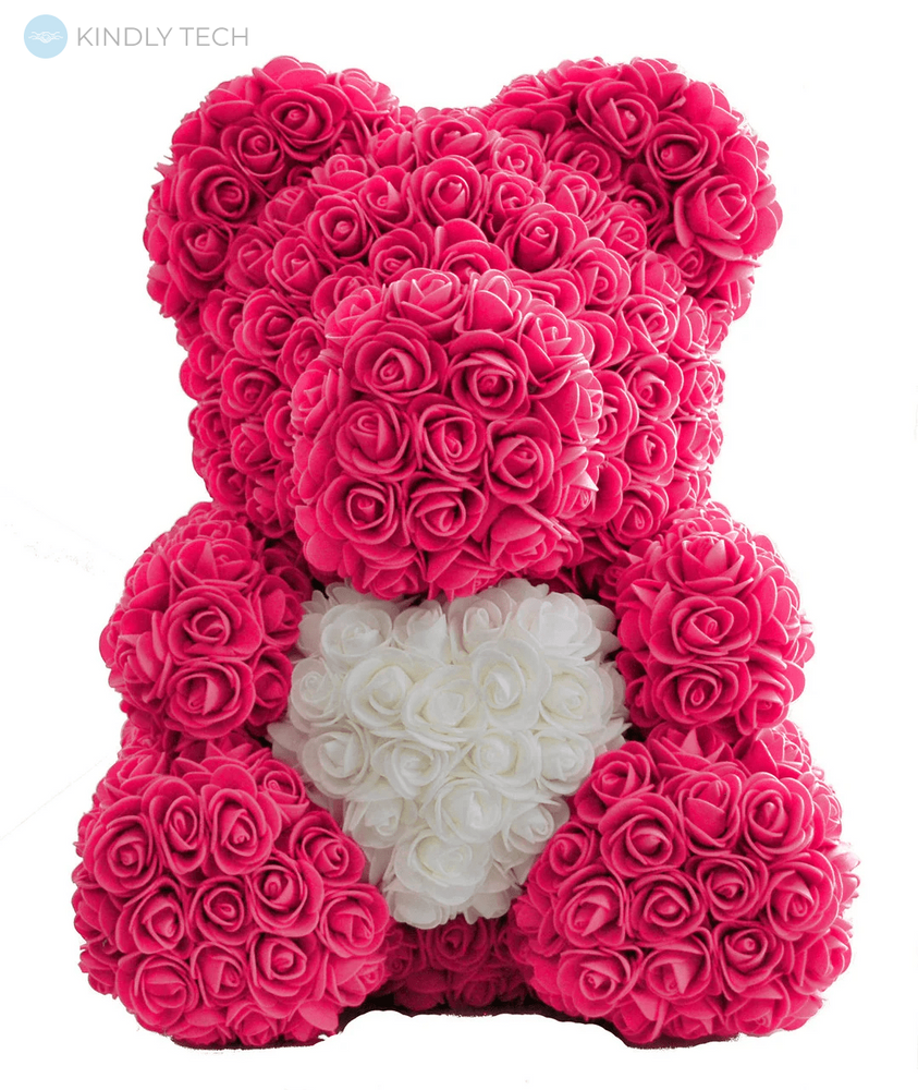 Ведмедик з серцем з штучних 3D троянд в подарунковій упаковці 40 см рожевий