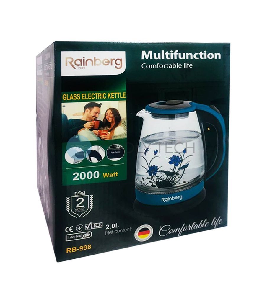 Електрочайник скляний Rainberg RB-998 з підсвічуванням 2L 2000W Blue