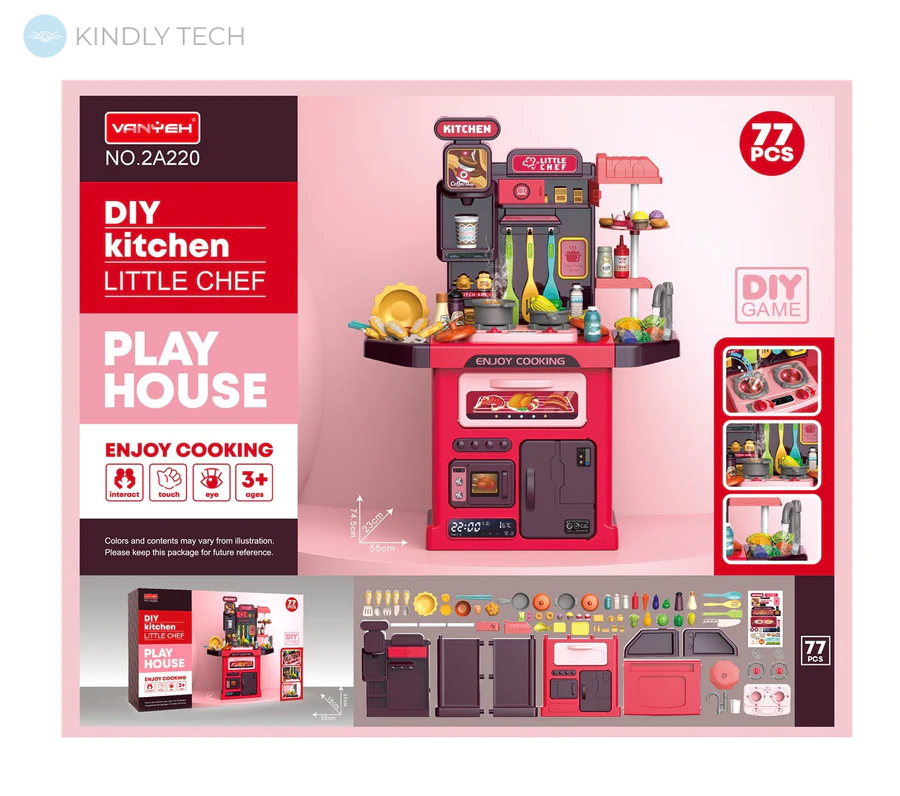 Детский игровой набор, 77 предметов, игрушечная кухня "Little Chef", Розовый