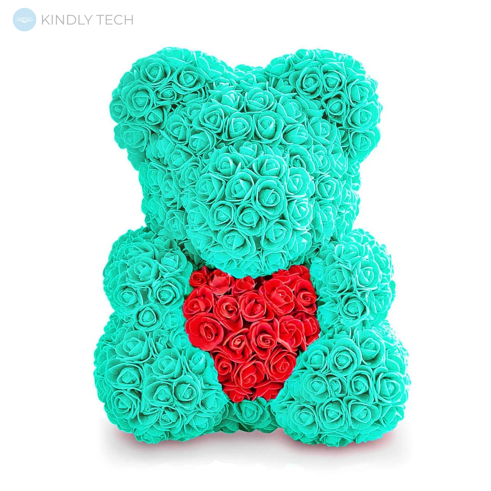 Ведмедик з серцем з штучних 3D троянд в подарунковій упаковці 40 см бірюзовий