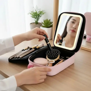 Дорожная тканевая косметичка-чемодан Makeup с зеркалом 23х13х8 см, Розовая