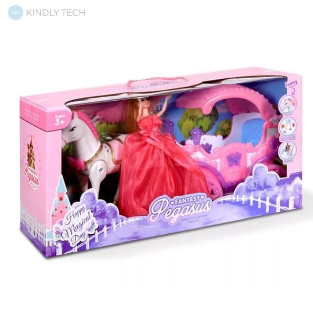 Игровой набор "Карета с лошадью и куклой", свет, звук, цвет розовый Pegasus