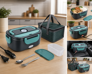 Практический ланч-бокс Electronic Lunchbox 1400 мл с подогревом от сети 220 В и автомобильной розетки, сумкой и столовыми приборами.