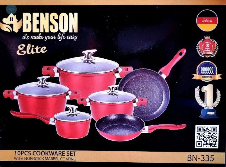 Набор кастрюль с мраморным антипригарным покрытием + 2 сковородки Benson BN-335 из 10 предметов