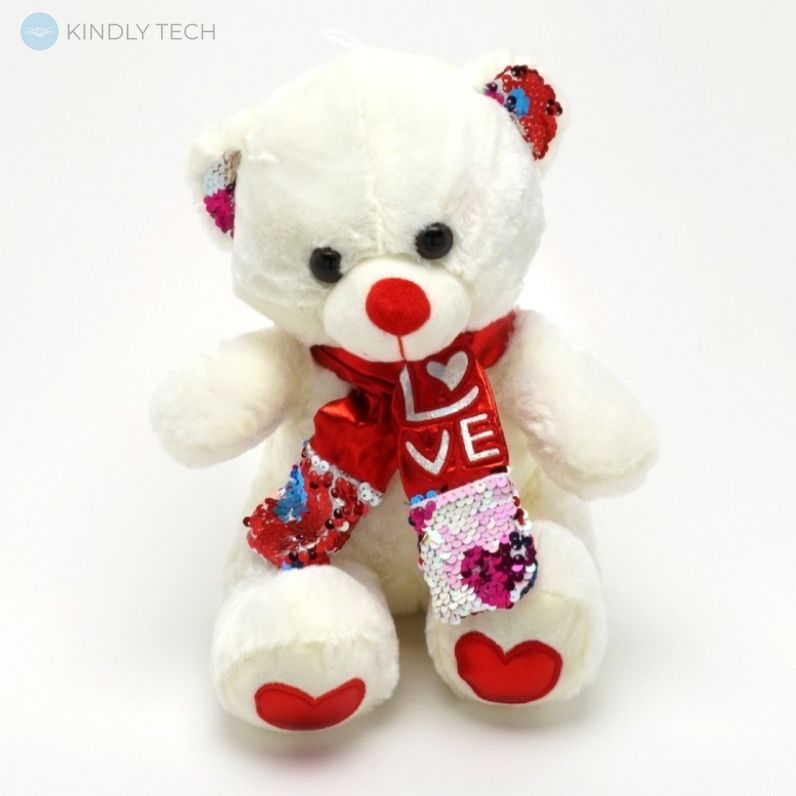 М'яка іграшка плюшевий Ведмедик бежевого кольору, довжиною 30 см, з серцем і паєтками