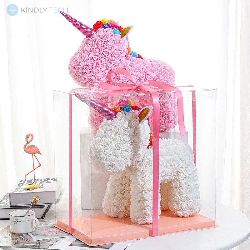 Игрушка из 3D роз Единорог 38 см в подарочной коробке - белый
