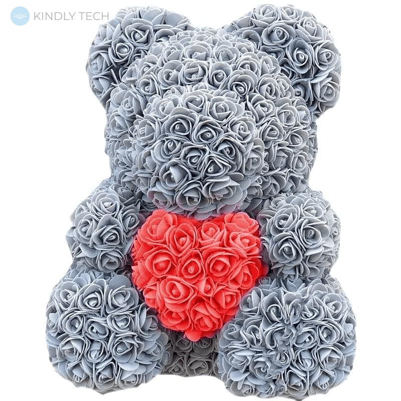 Ведмедик з серцем з штучних 3D троянд в подарунковій упаковці 40 см сірий