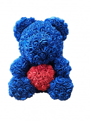 Мишка с сердцем из искусственных 3D роз в подарочной упаковке 40 см синий