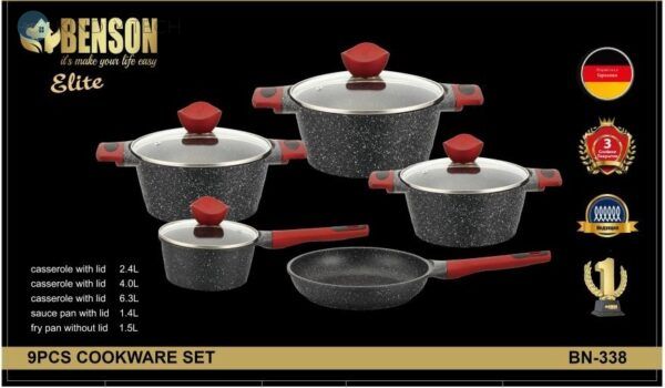 Набор кастрюль с мраморным антипригарным покрытием + сковородка Benson BN-338 из 9 предметов