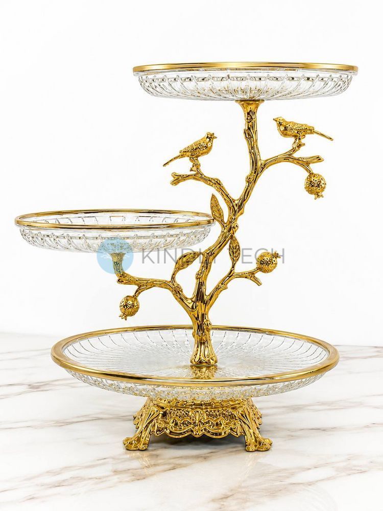 Розкішна триярусна підставка Royal Grace 1297 для фруктів, десертів та випічки зі скла з золотистим оздобленням