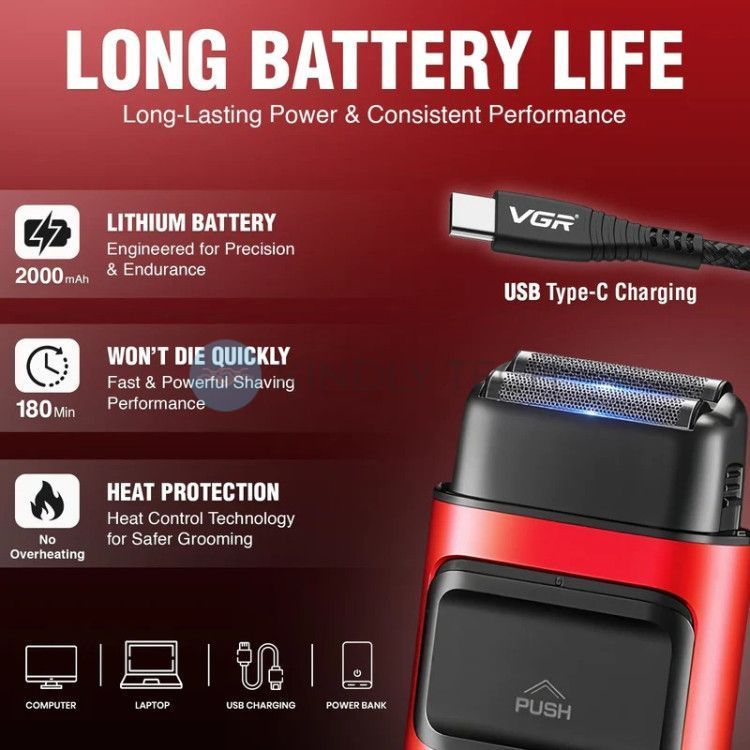 Электробритва шейвер VGR V-307 с двойным лезвием и титановыми сетками 9000 RPM,Красная