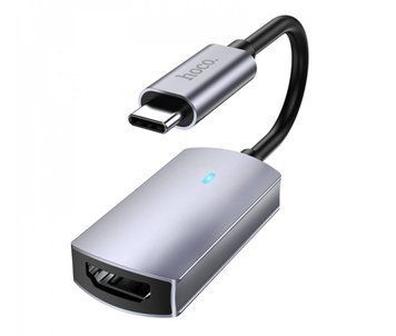 Адаптер USB-C на HDMI Hoco UA20 металлического серого цвета для подключения смартфонов и ноутбуков к телевизорам и мониторам.