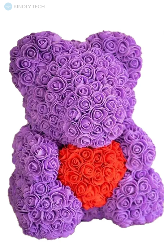 Ведмедик з серцем з штучних 3D троянд в подарунковій упаковці 40 см фіолетовий