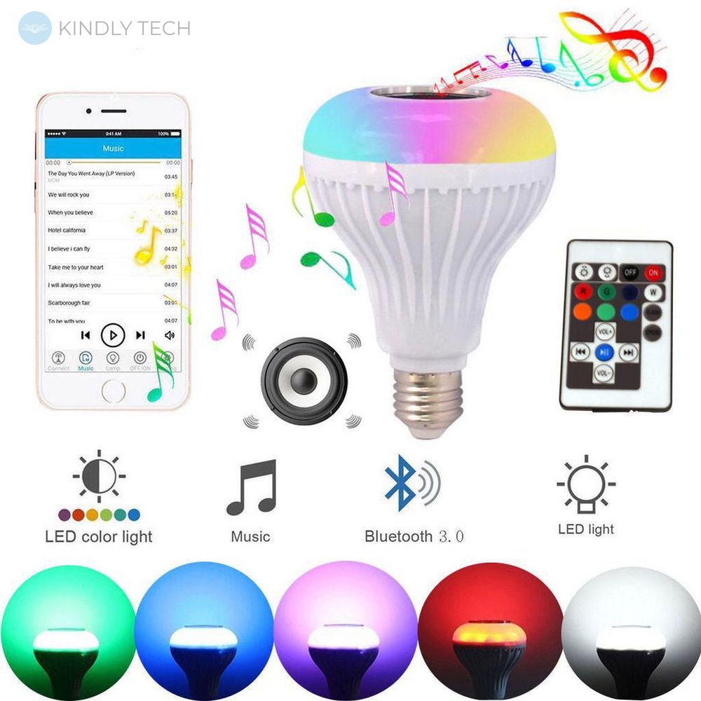 Беспроводная Bluetooth лампа динамик свет E27 Музыка 12W RGB LED