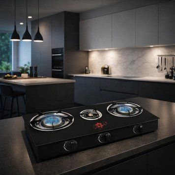 Надійна настільна газова плита Hoffmans HM-9101 на 3 конфорки з п'єзопідпалом для балонного газу