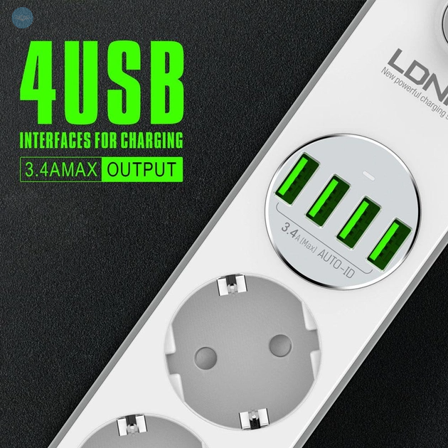 Мережевий фільтр подовжувач LDNIO SE4432 переноска на 4 розетки та 4 USB 2 м