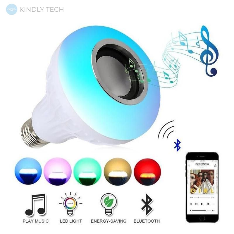 Бездротова Bluetooth лампа динамік світло E27 Музика 12W RGB LED