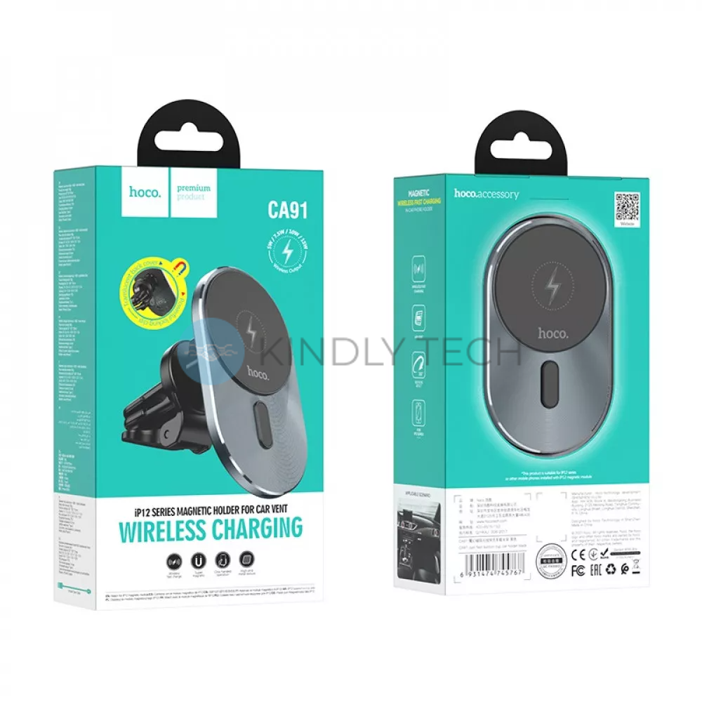 Автомобільний тримач у повітропровід &mdash; Hoco CA91 Magic magnetic wireless fast charging &mdash; gray