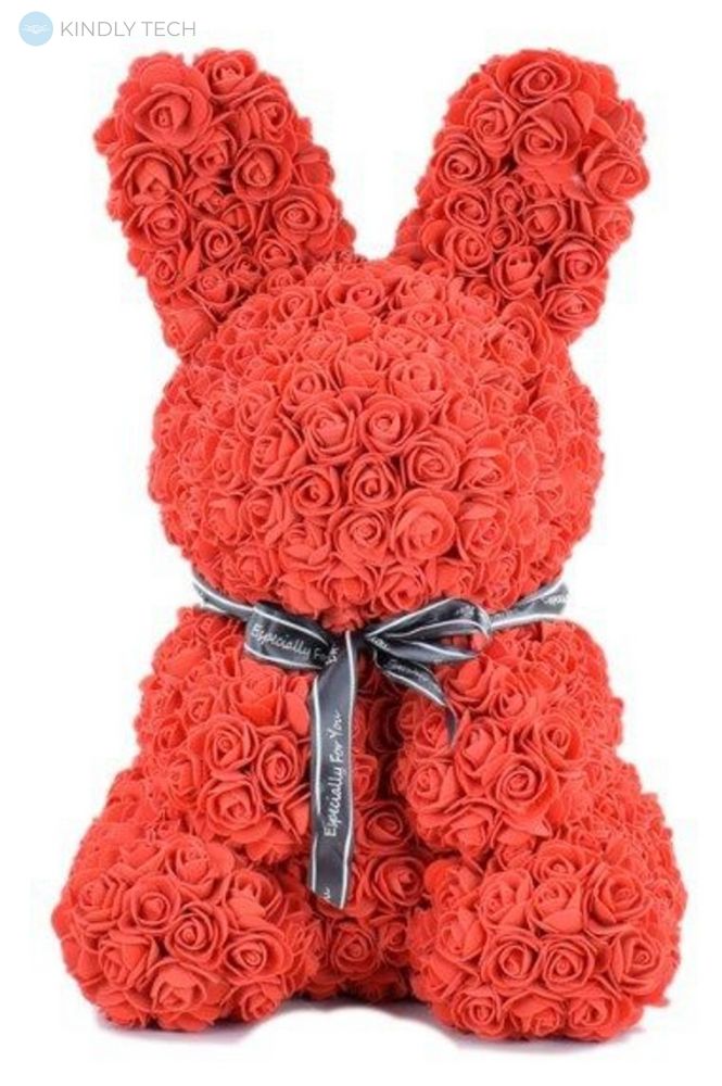 Зайчик з бантиком з штучних 3D троянд в подарунковій упаковці 40 см червоний