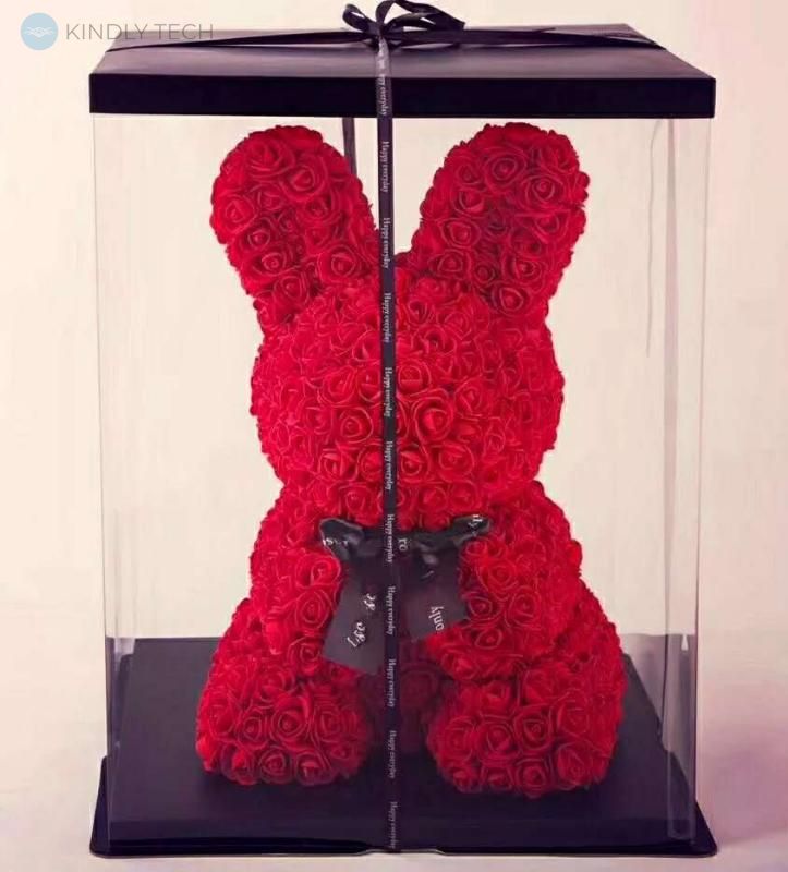 Зайчик з бантиком з штучних 3D троянд в подарунковій упаковці 40 см червоний