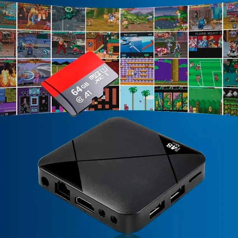 Игровая ТВ-приставка M8 mini 4K на Android TV с встроенным эмулятором ретро-игр и джойстиками
