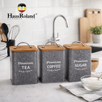 Набор банок для сыпучих продуктов HausRoland HR-4133 с бамбуковыми крышками 3 предмета, Серый
