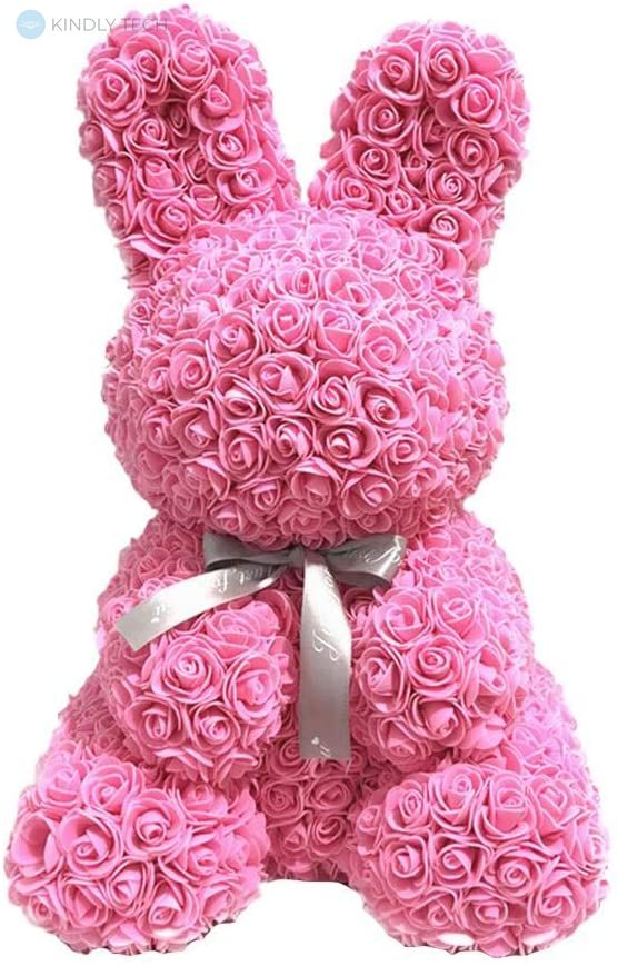 Зайчик з бантиком з штучних 3D троянд в подарунковій упаковці 40 см рожевий