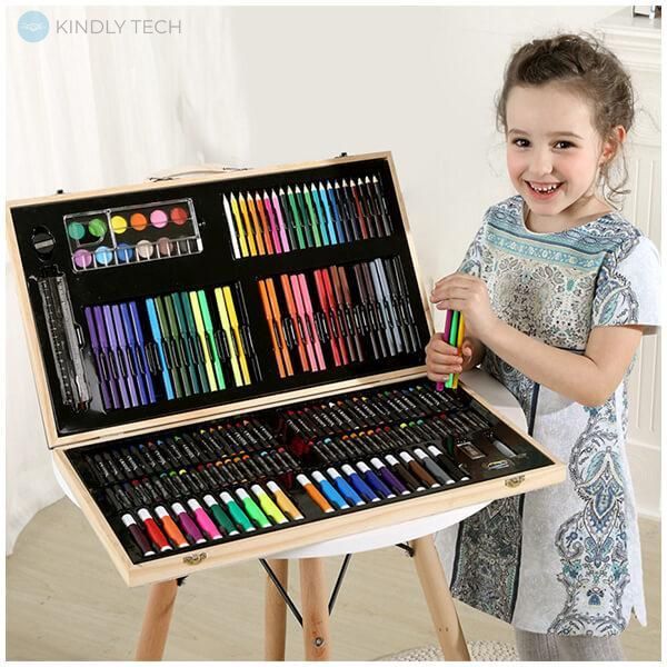 Детский Набор для рисования 180 предметов в деревянном чемодане