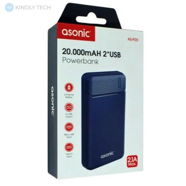 Портативний зарядний пристрій 20000 mAh повербанк 2 USB Asonic AS-P20